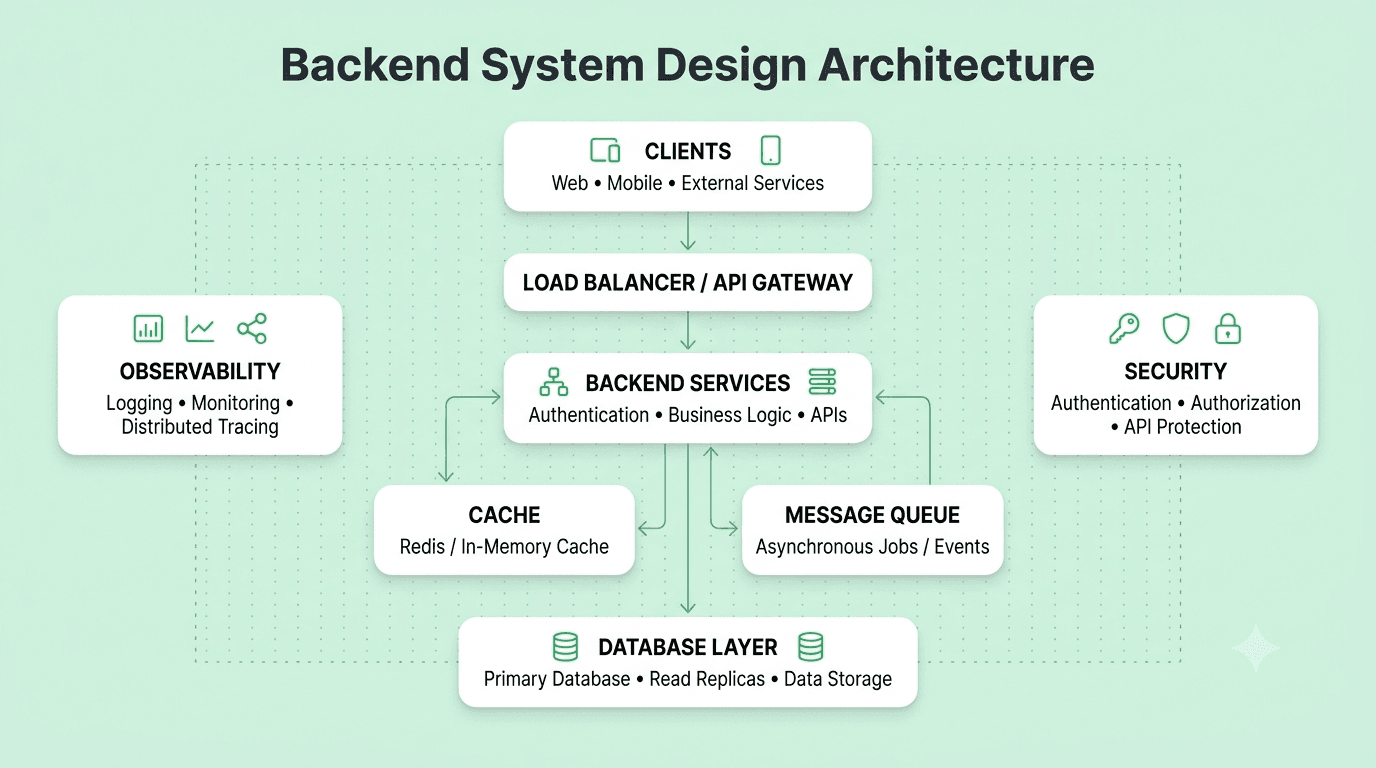 Backend system design decision framework showing requirements, scale, consistency, failure handling, architecture choices, and tradeoffs