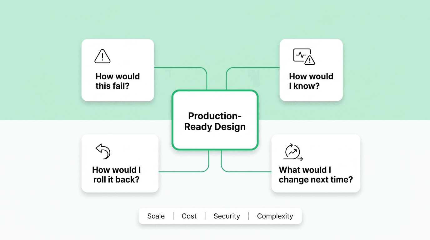 Production-ready DevOps system design checklist covering failure, monitoring, rollback, learning, cost, security, and complexity.