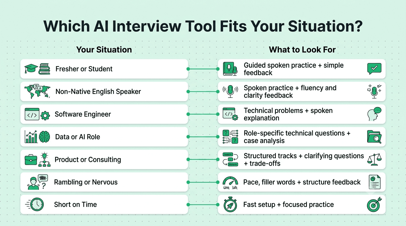 AI interview platform selection matrix matching candidate types and interview challenges with the features they should look for.