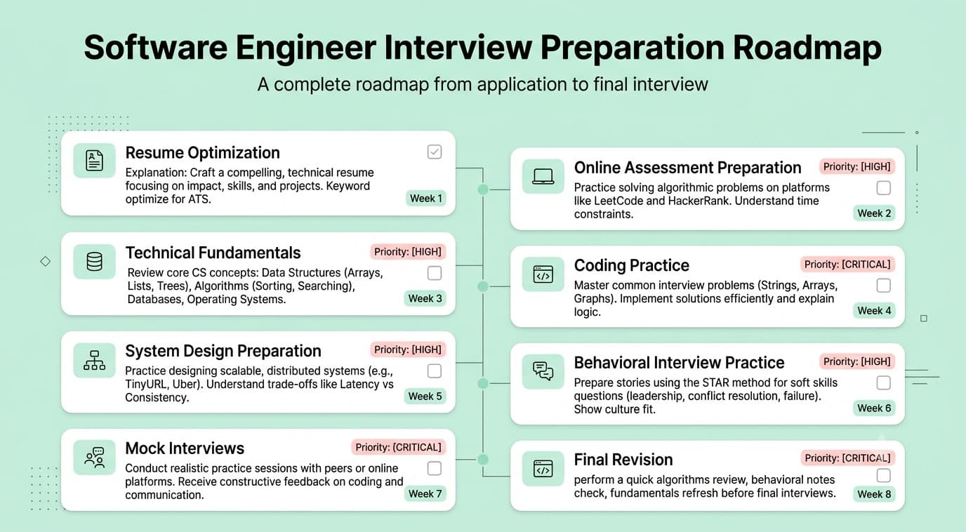 Step by step roadmap showing the complete software engineer and interview preparation process 