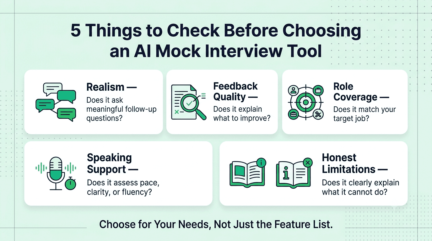 Five criteria for evaluating AI mock interview platforms: realism, feedback quality, role coverage, speaking support, and transparent limitations.