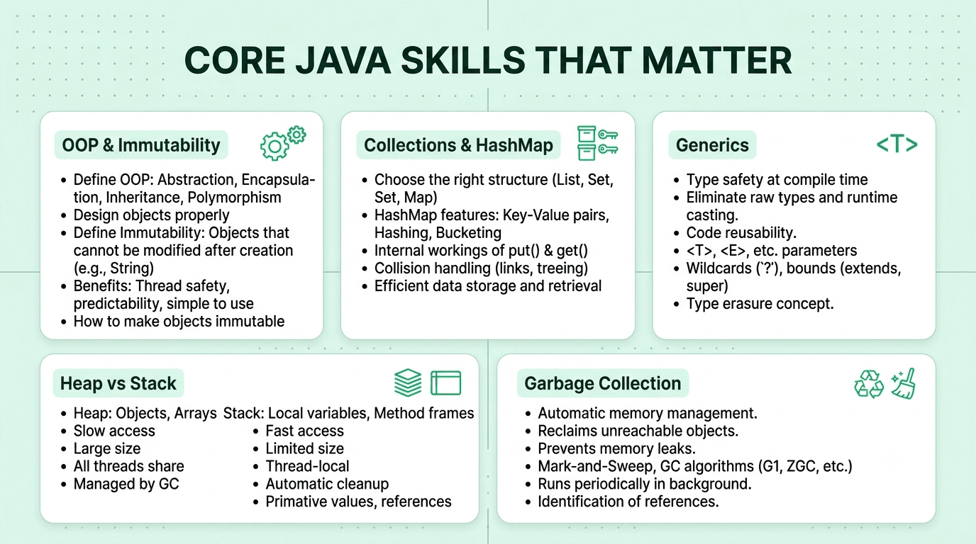 Core Java fundamentals covering collections, object-oriented programming, exception handling, and memory management.