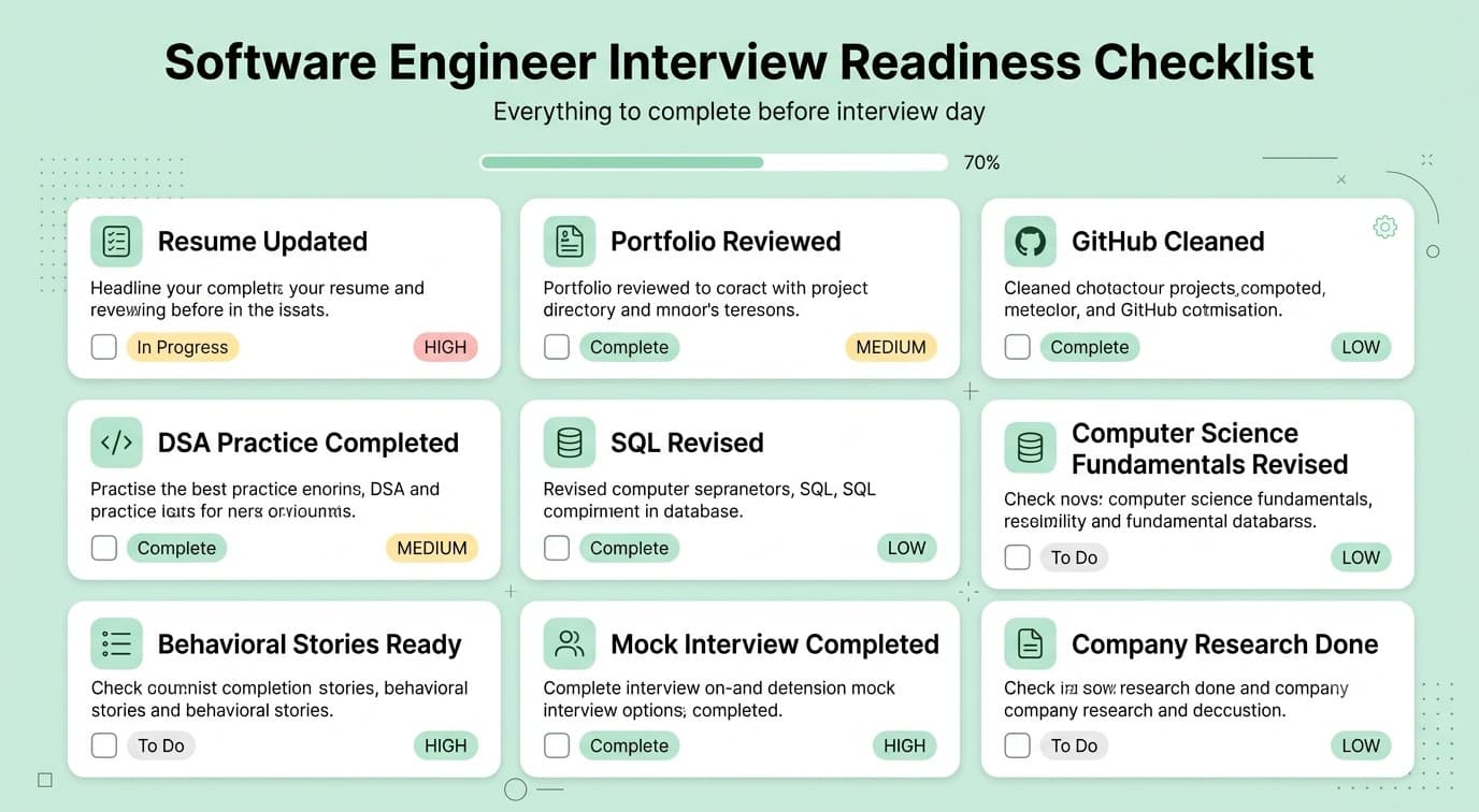 Final software engineer interview checklist covering resume, GitHub, DSA, SQL, CS fundamentals, behavioral preparation and mock interviews.