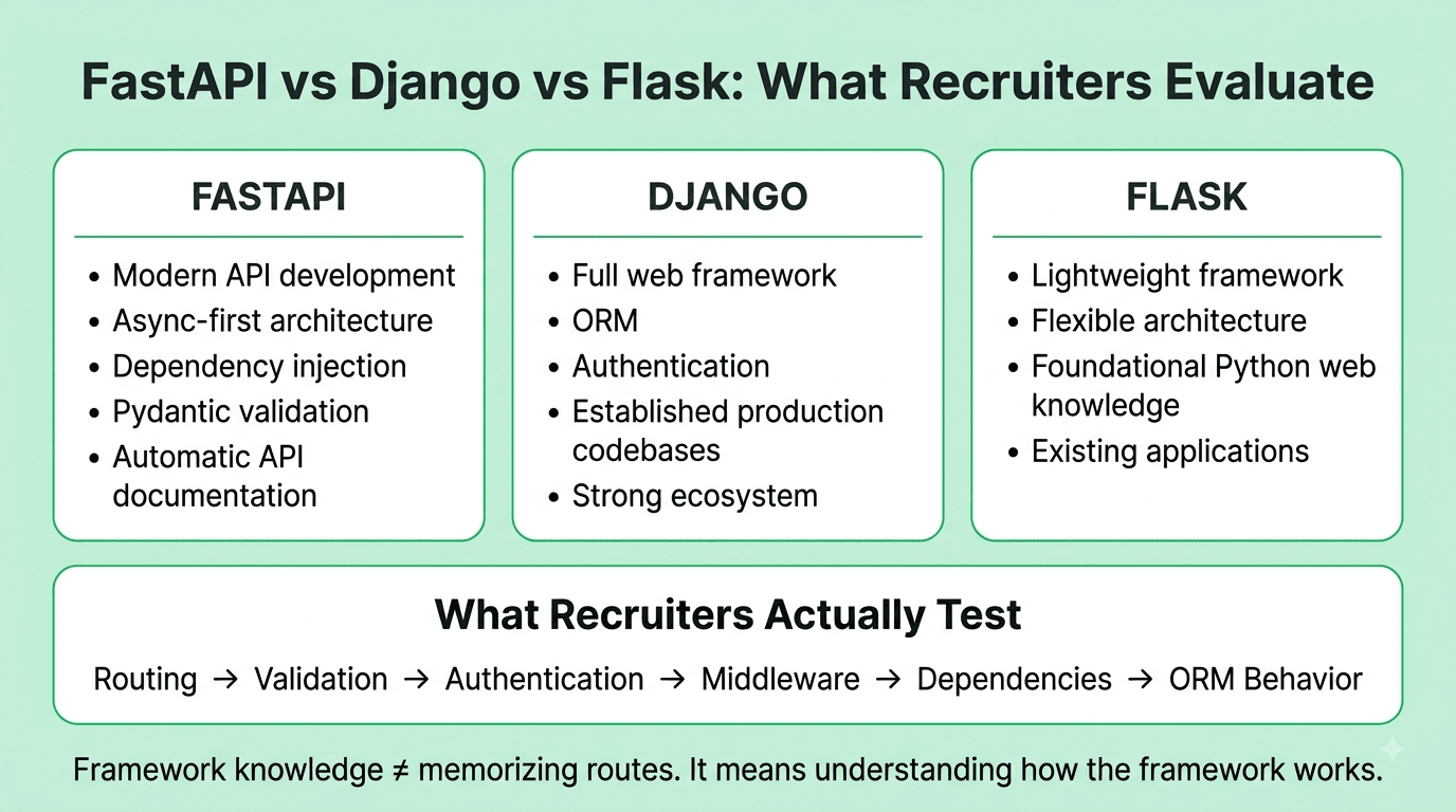 Python backend framework comparison showing recruiter expectations for FastAPI, Django, and Flask