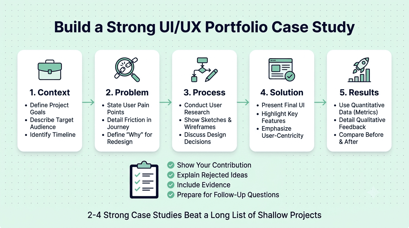Five-step UX portfolio case study structure showing context, problem, process, solution, and measurable results.