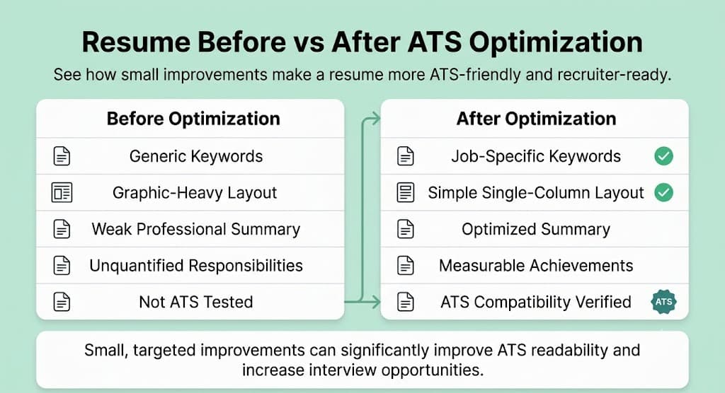 Comparison table showing a resume before and after ATS optimization, highlighting improvements in keywords, formatting, layout, and ATS compatibility.