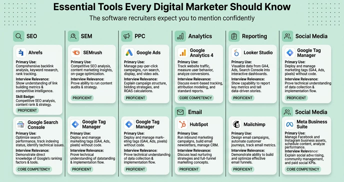 Framework showing essential digital marketing tools including GA4, Google Ads, Search Console, Ahrefs, SEMrush, GTM, Looker Studio, HubSpot and Mailchimp.