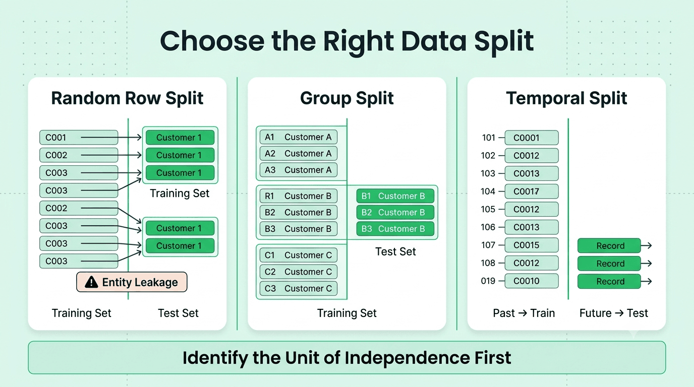 Machine learning data splitting strategies for avoiding leakage
