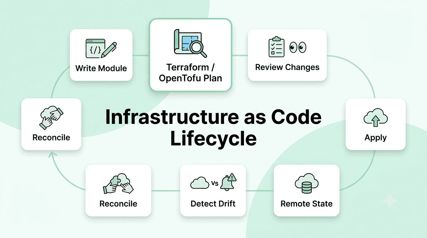 Infrastructure as Code lifecycle using Terraform and OpenTofu with plan, apply, state, and drift detection