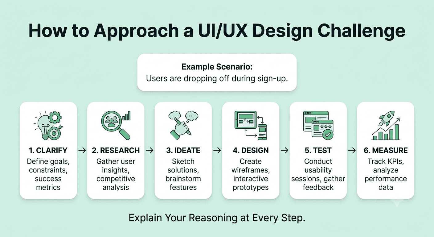 UI/UX design challenge framework covering problem clarification, data analysis, user research, hypotheses, testing, and measuring results.