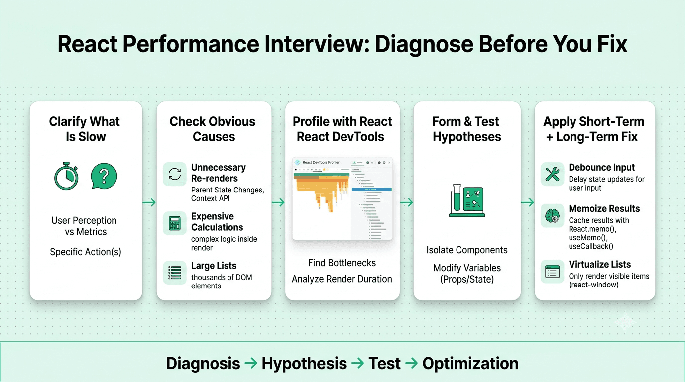 React performance debugging framework for investigating slow lists, unnecessary re-renders, expensive calculations, and large datasets.