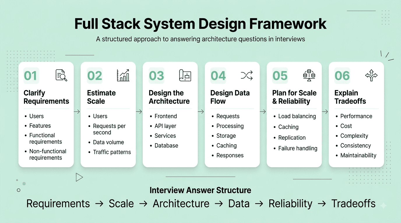 Full-stack system design framework showing requirements, scale, architecture, data layer, reliability, and tradeoffs. Prompt