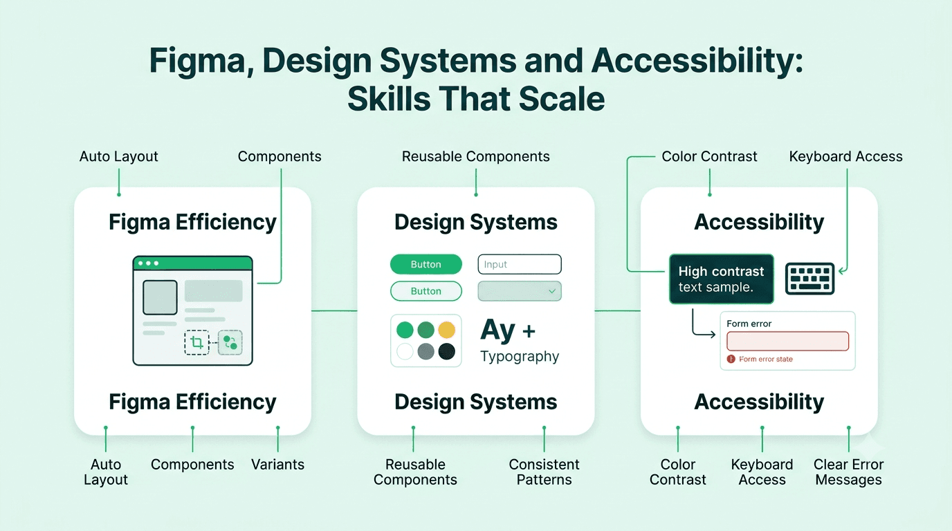 Infographic highlighting Figma skills, reusable design system components, and accessibility practices such as color contrast, keyboard navigation, and clear error messages.