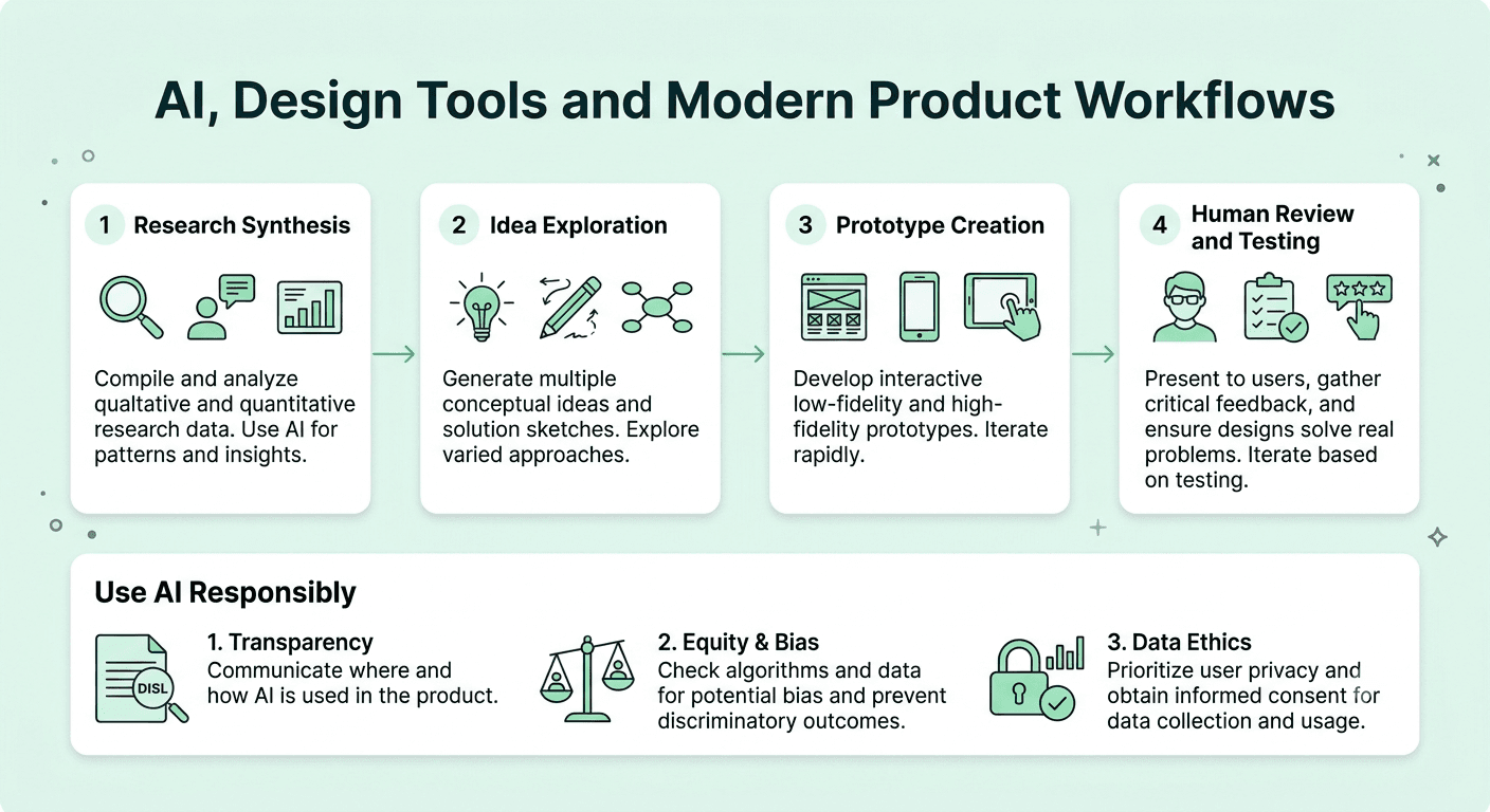 Modern UI/UX workflow combining AI-assisted research, design tools, ideation, prototyping, human review, and usability testing.
