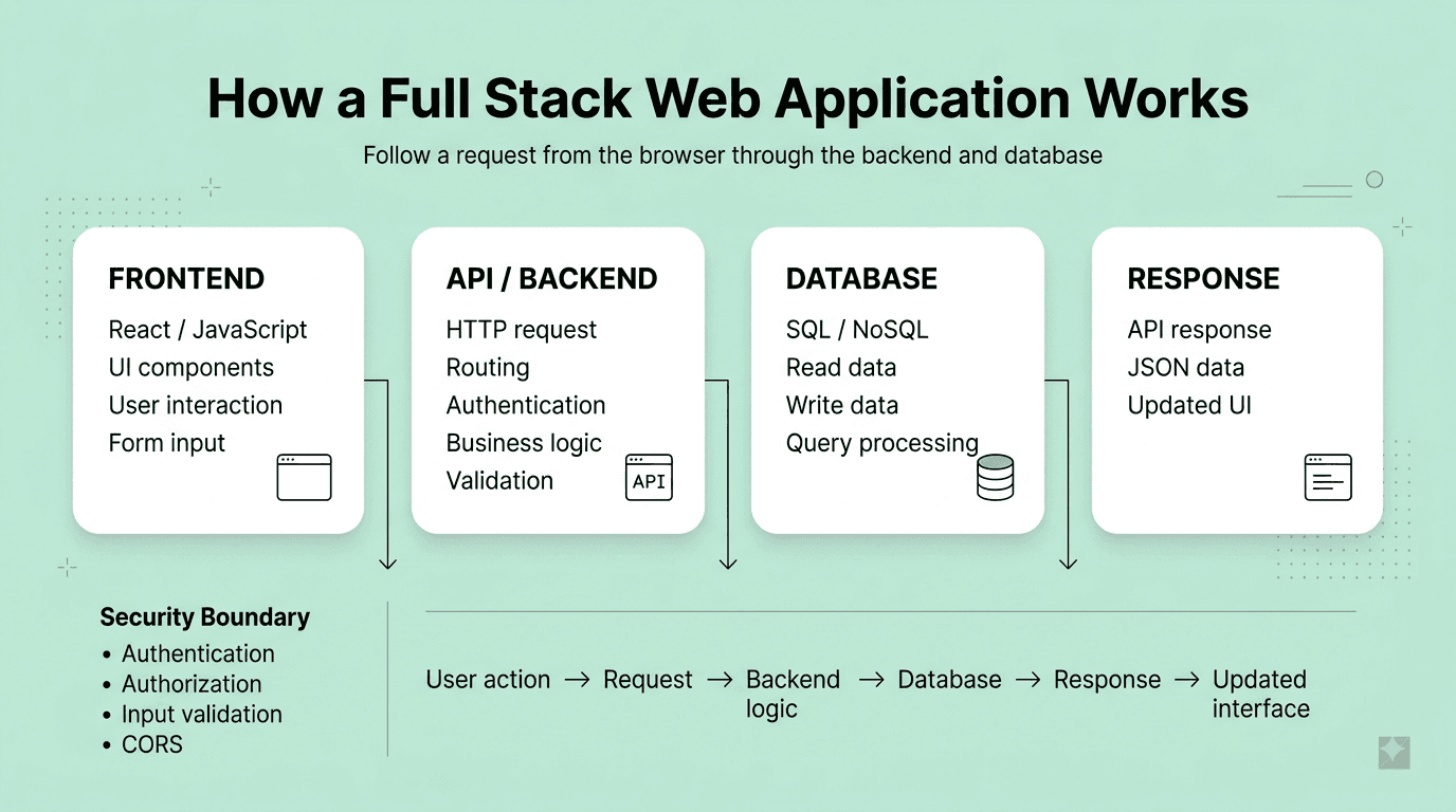 Full-stack web application request flow showing frontend, API/backend, database, response, and authentication layers.