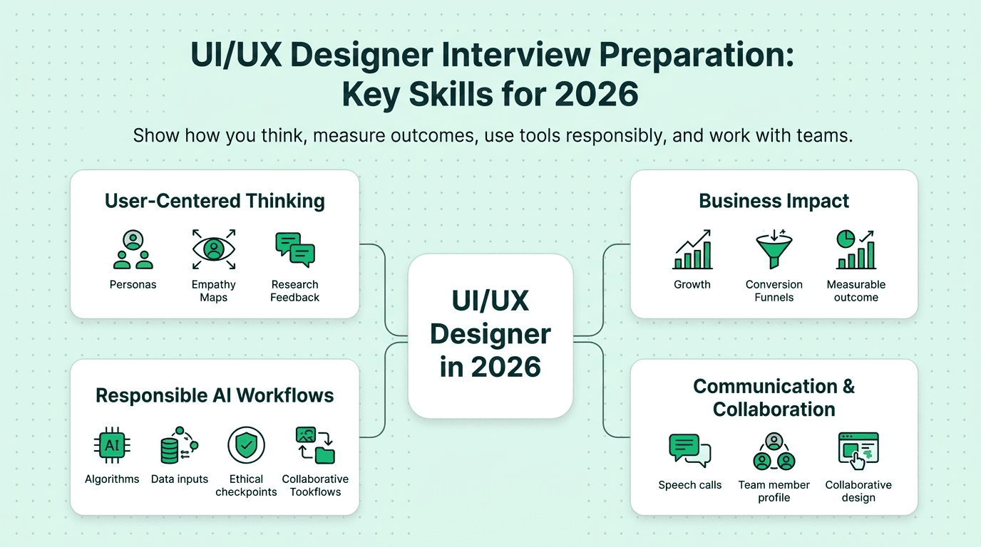 UI/UX designer interview preparation covering user-centered design, business impact, AI-assisted workflows, and communication skills in 2026.