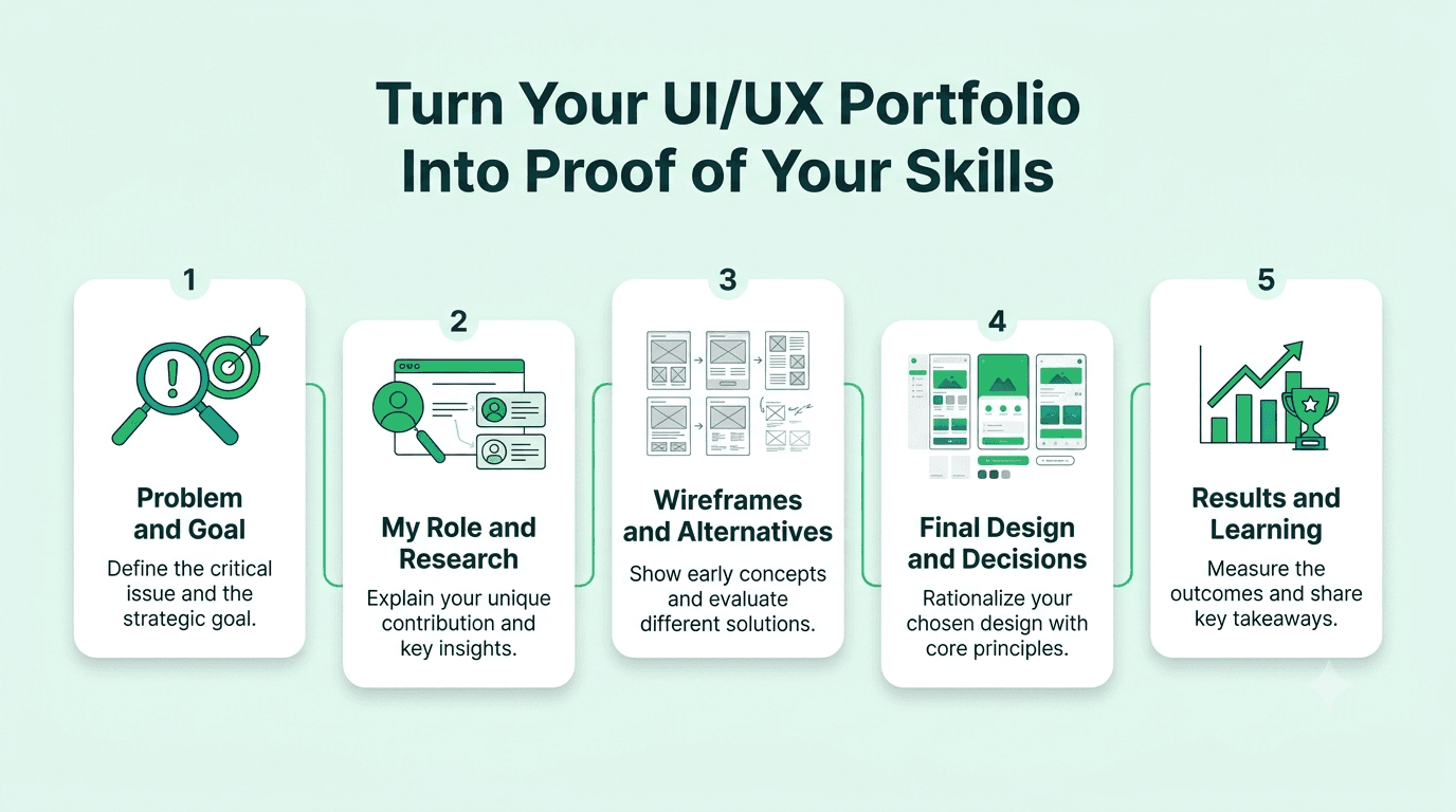 UI/UX portfolio case study roadmap covering the problem, research, personal contribution, wireframes, final design decisions, results, and lessons learned.