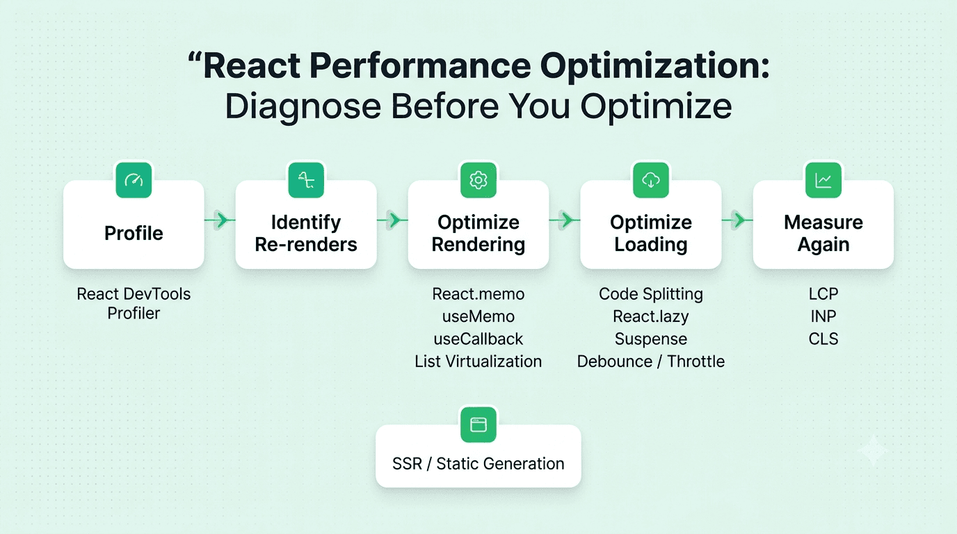 React performance optimization techniques including virtualization, memoization, code splitting, profiling, and Core Web Vitals