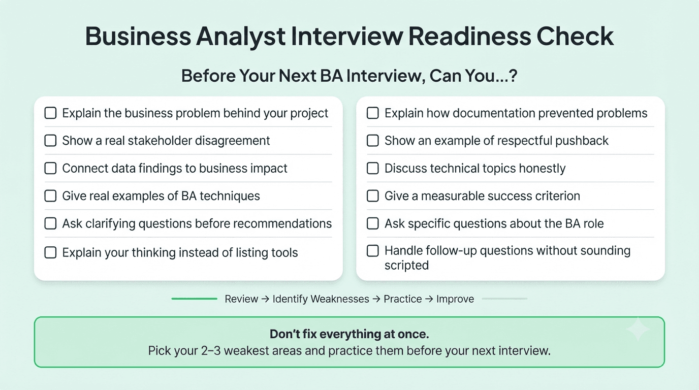 Business analyst interview readiness checklist covering project stories, stakeholder conflict, data, techniques, tools, documentation, technical skills, metrics, questions, and follow-ups.