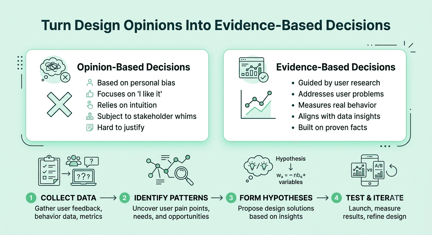 Comparison of opinion-based and evidence-based UI/UX design decisions using user problems, testing evidence, design changes, and outcome measurement.