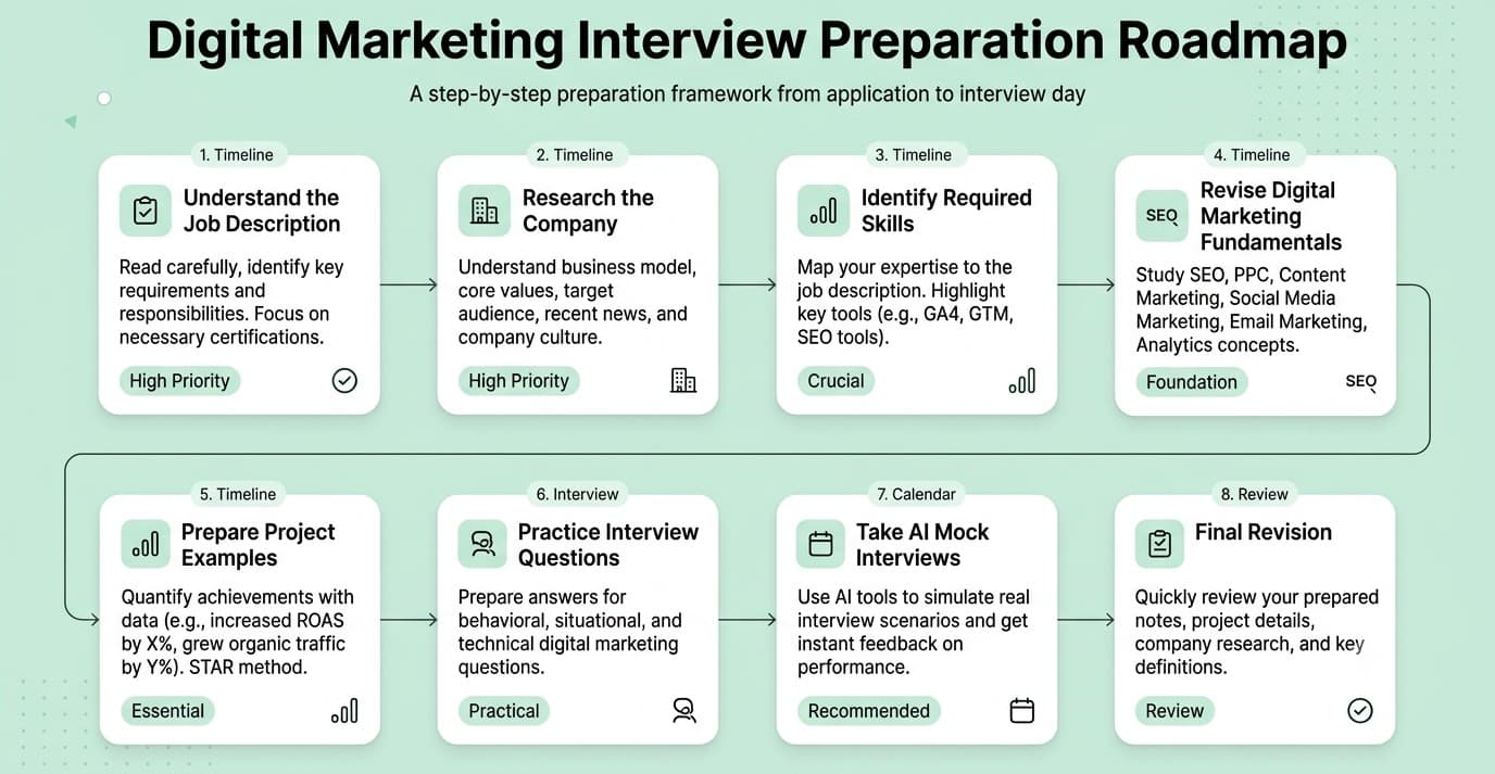 Seven-day digital marketing interview preparation timeline showing tasks to complete each day before the interview.