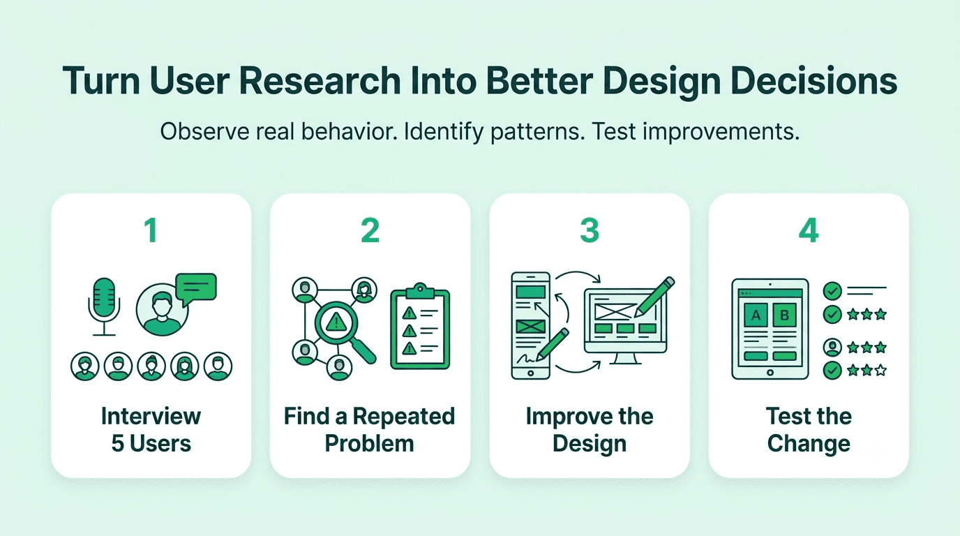 User research process showing interviews with five users, identification of a recurring usability problem, design improvements, and testing.