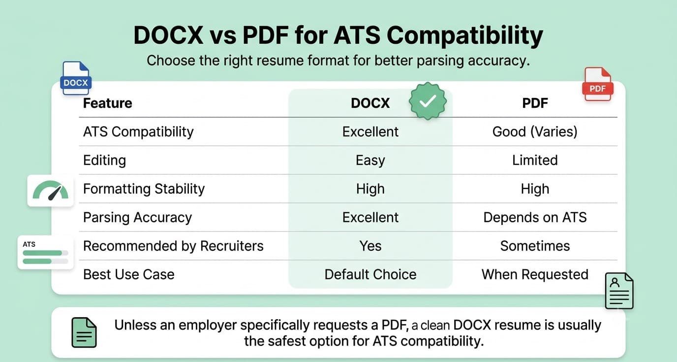 Comparison table explaining the differences between DOCX and PDF resume formats for Applicant Tracking System compatibility and parsing accuracy.