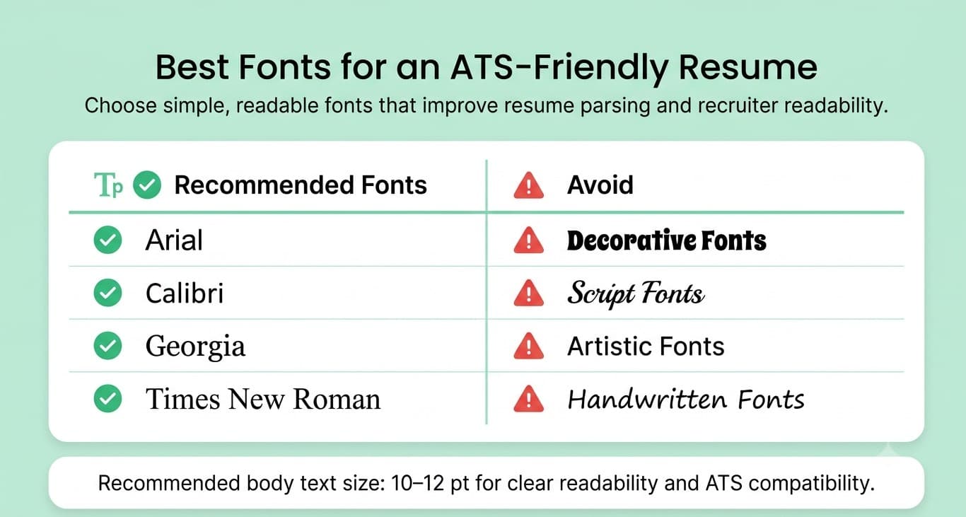 Comparison table of ATS-friendly resume fonts such as Arial and Calibri versus decorative fonts that may reduce parsing accuracy.