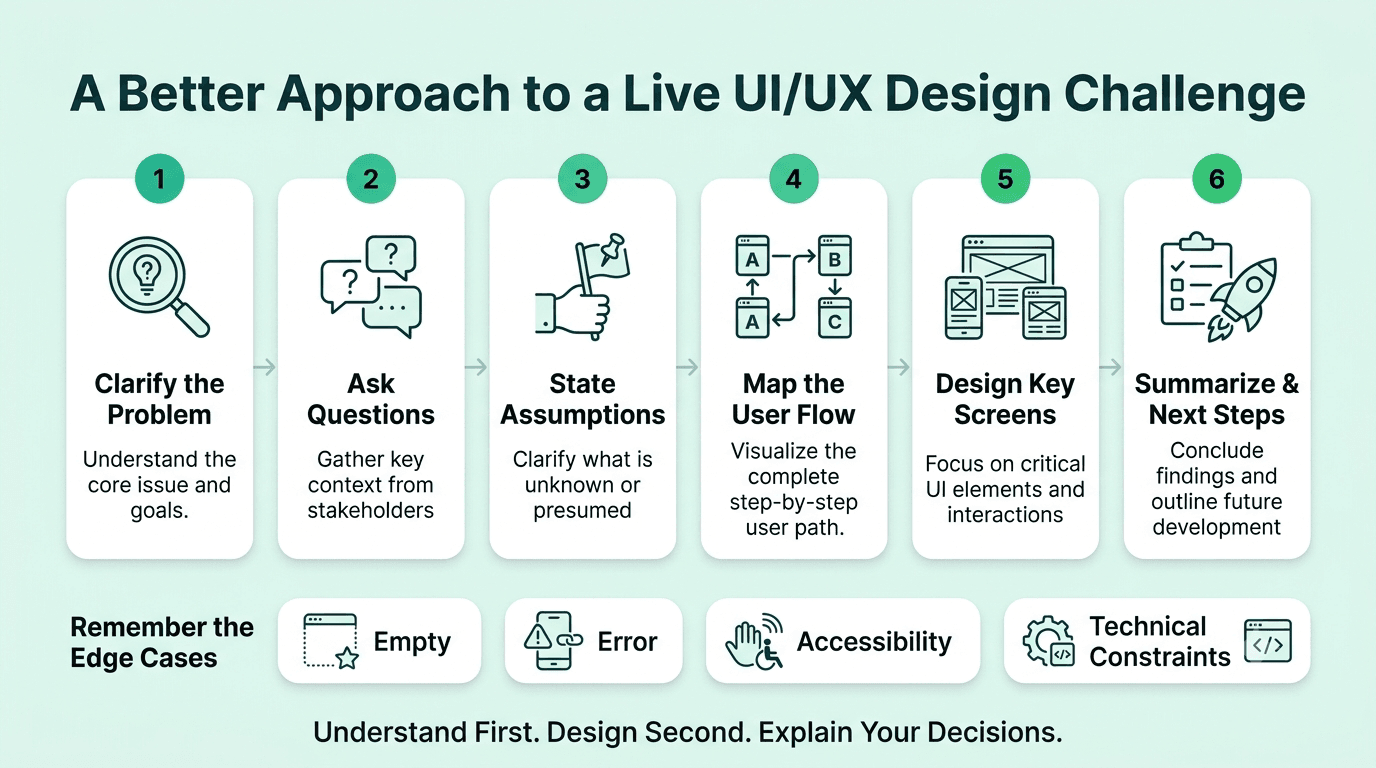 Six-step UI/UX design challenge workflow covering problem clarification, questions, assumptions, user flows, key screens, and final summaries.