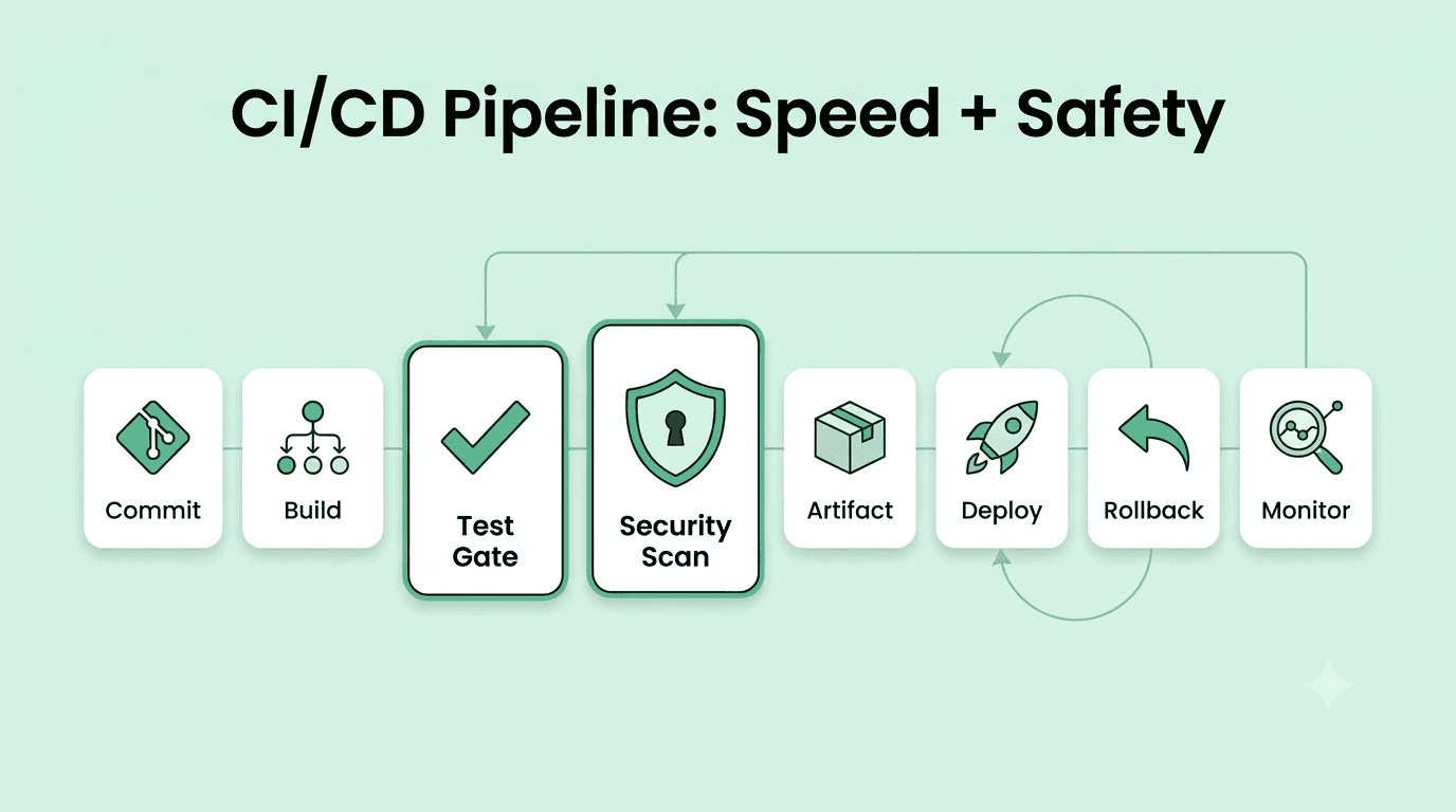Secure CI/CD pipeline with testing, security scanning, deployment, rollback, and monitoring