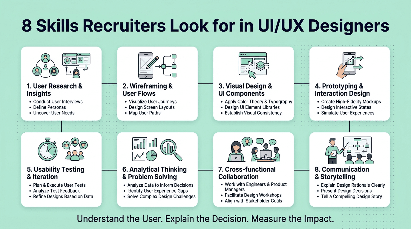 Eight core UI/UX designer interview skills covering problem framing, user research, user flows, prototyping, visual design, Figma, accessibility, and collaboration.