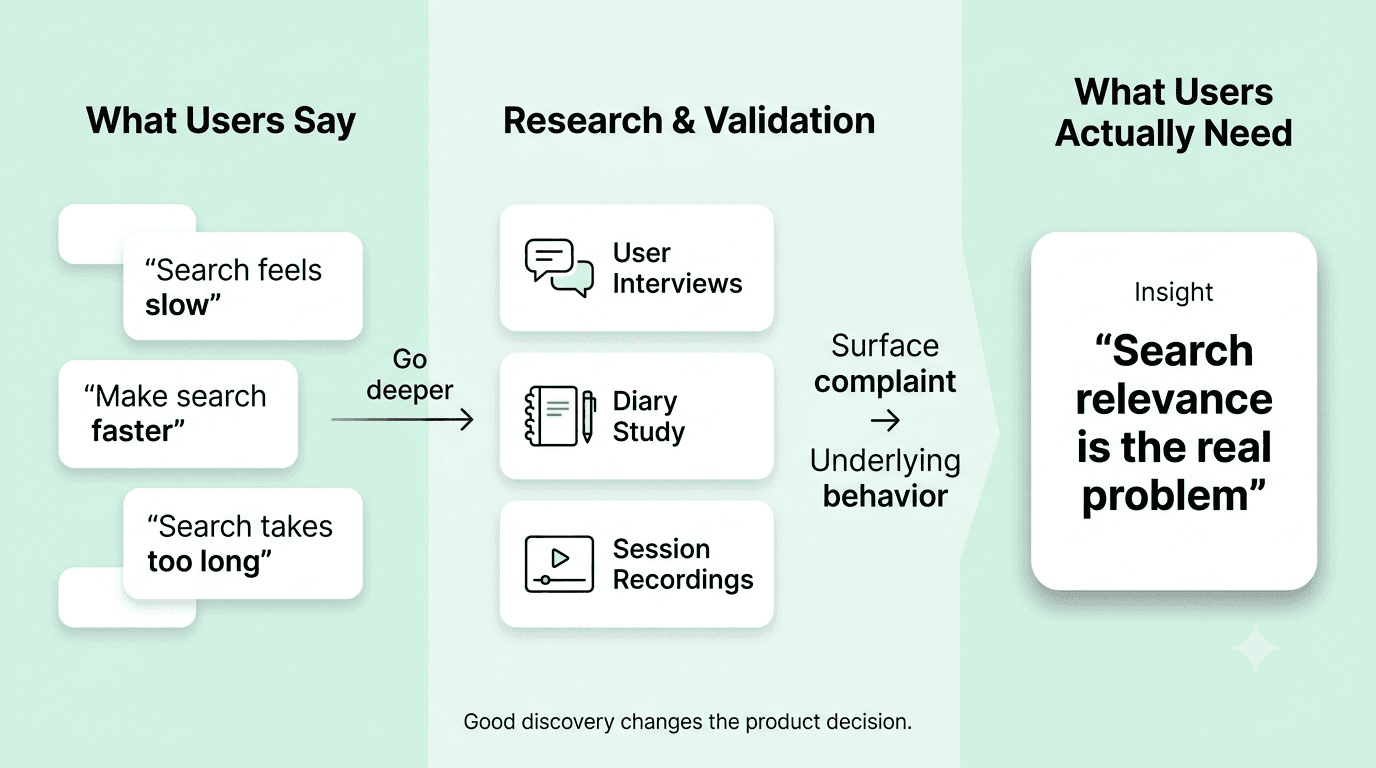 Customer discovery framework showing how deeper research reveals the real user problem behind surface-level feedback.