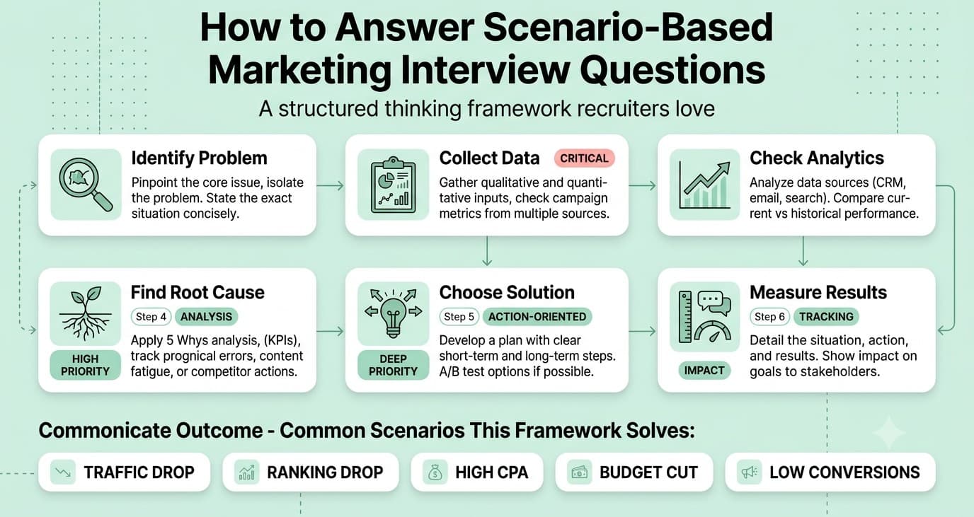 Decision framework for answering digital marketing scenario interview questions including traffic drops, ranking loss, PPC CPA increase and budget cuts.