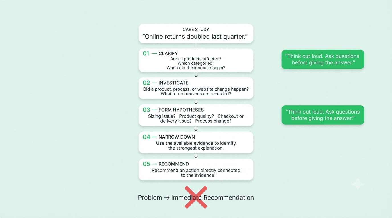 Business analyst case study framework showing how to clarify, investigate, form hypotheses, narrow down, and recommend.