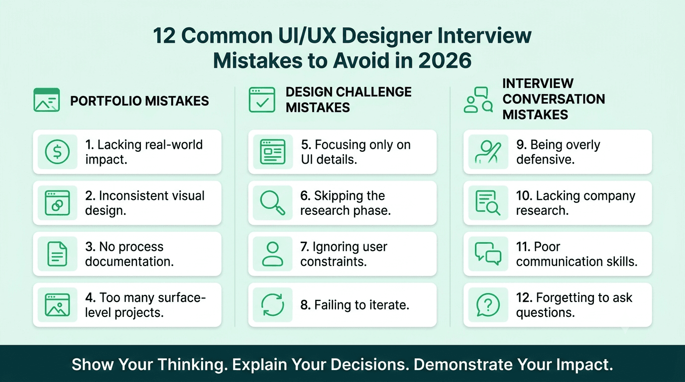Infographic highlighting 12 common UI/UX designer interview mistakes across portfolios, design challenges, and interview communication.