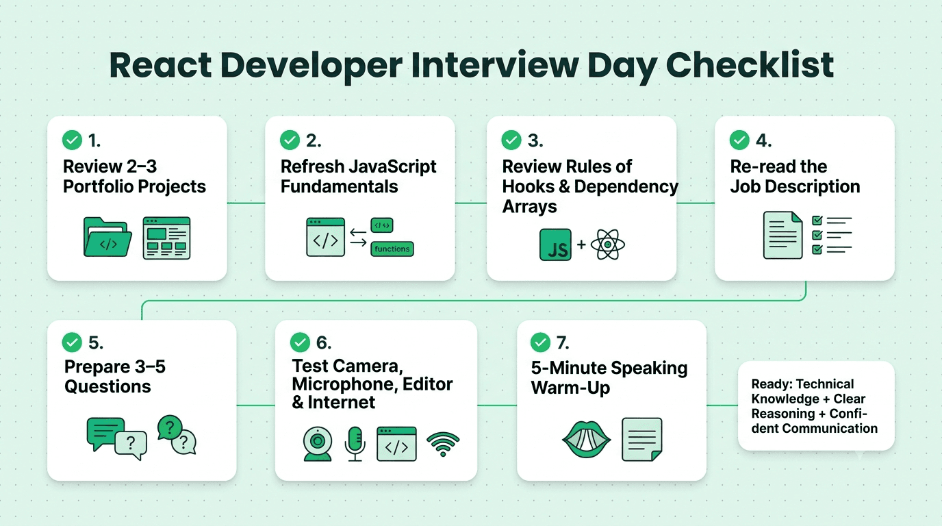 React developer interview day checklist covering projects, JavaScript, hooks, job description, questions, equipment, and speaking practice.
