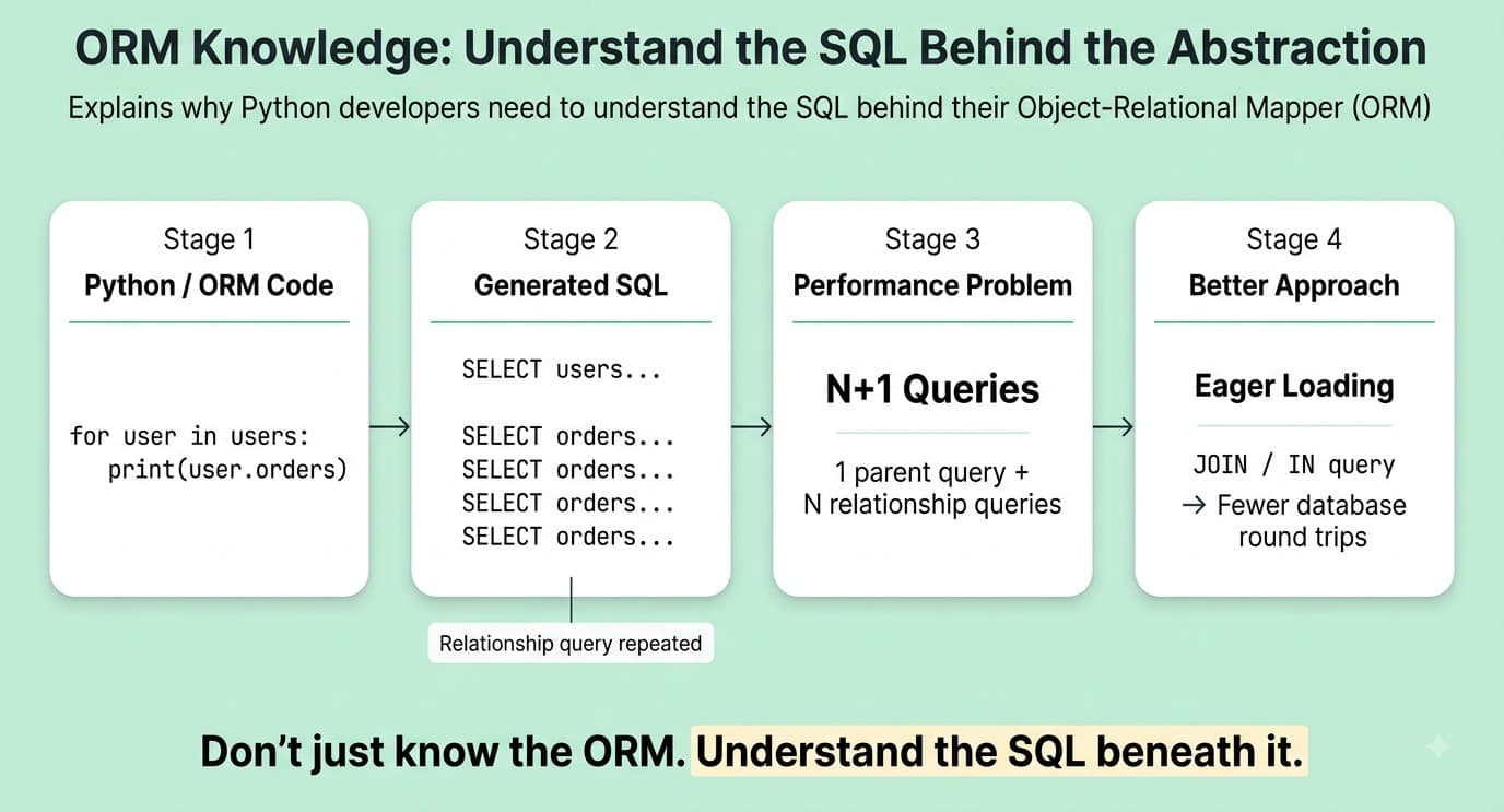 Python ORM workflow showing generated SQL, the N+1 query problem, and eager loading to reduce database queries