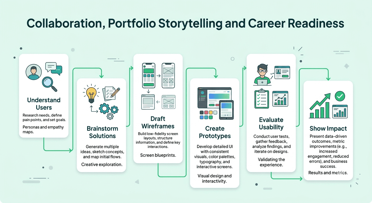 UI/UX designer interview preparation process covering developer collaboration, portfolio storytelling, design decisions, project outcomes, and career development.