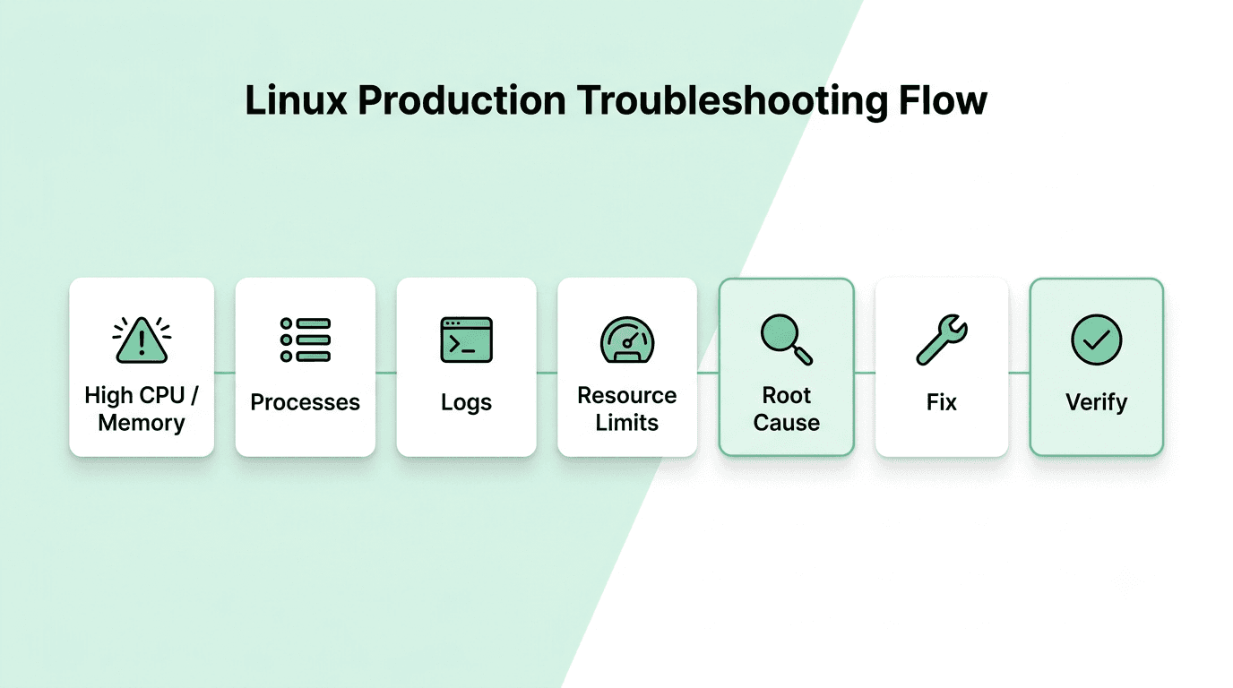 Linux production troubleshooting workflow for diagnosing CPU, memory, and system issues