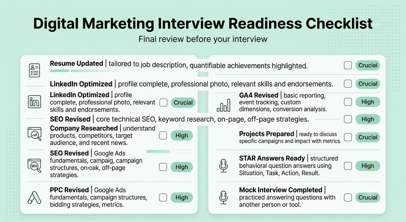 Final digital marketing interview readiness checklist covering resume, LinkedIn, SEO, PPC, analytics, projects, STAR answers and mock interviews.