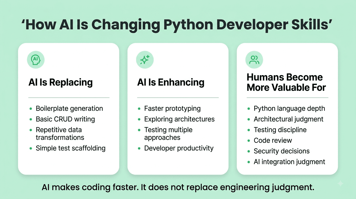 Production Python developer skill stack from language fundamentals to backend, testing, databases, AI integration, and code quality