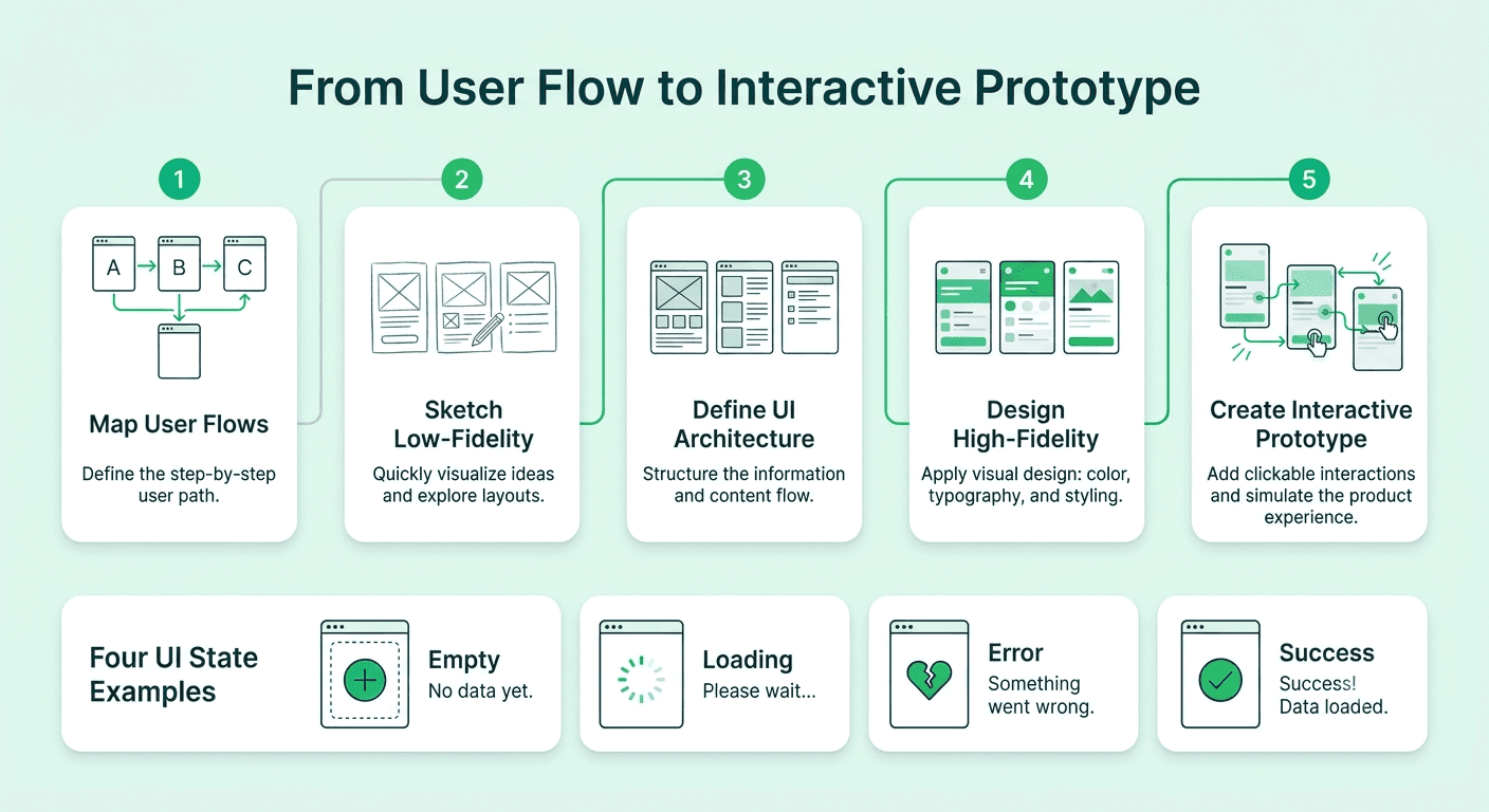 UI/UX design workflow illustrating user flows, information architecture, wireframes, interactive prototypes, and testing of empty, loading, error, and success states.