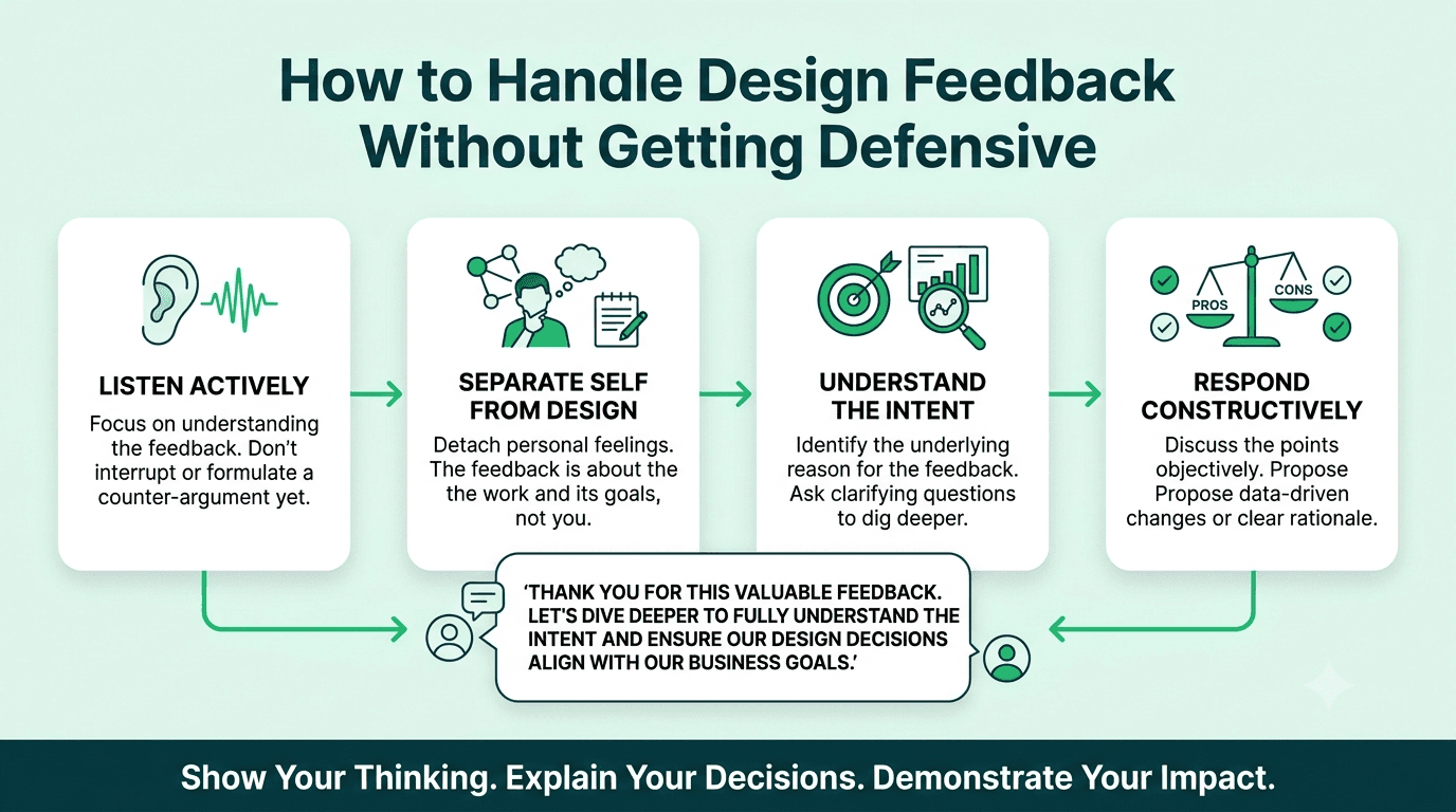 Four-step process for handling UI/UX design feedback by listening, understanding concerns, explaining decisions, and exploring improvements.