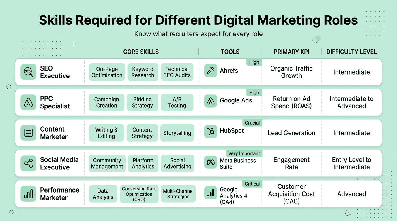 Skills matrix showing required competencies for SEO Executive, PPC Specialist, Content Marketer, Social Media Executive and Performance Marketer.