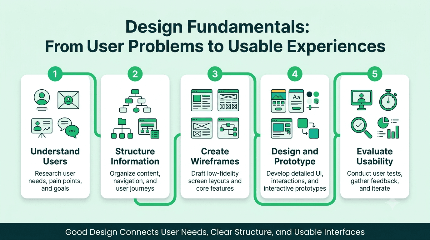 UI/UX design fundamentals showing the process from understanding user problems and structuring information to wireframing, prototyping, and usability testing.