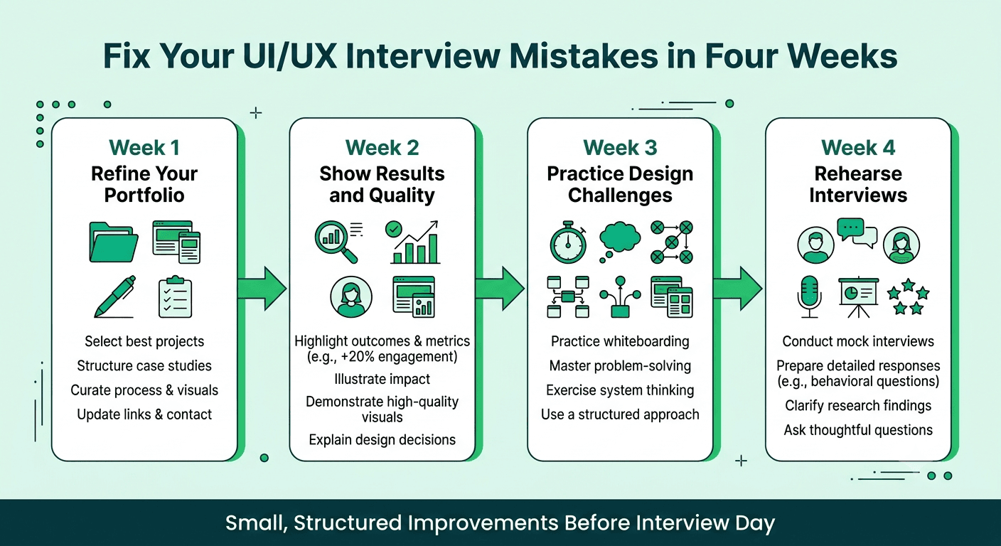 Four-week UI/UX interview preparation roadmap covering portfolio improvements, results and accessibility, timed design challenges, and mock interviews