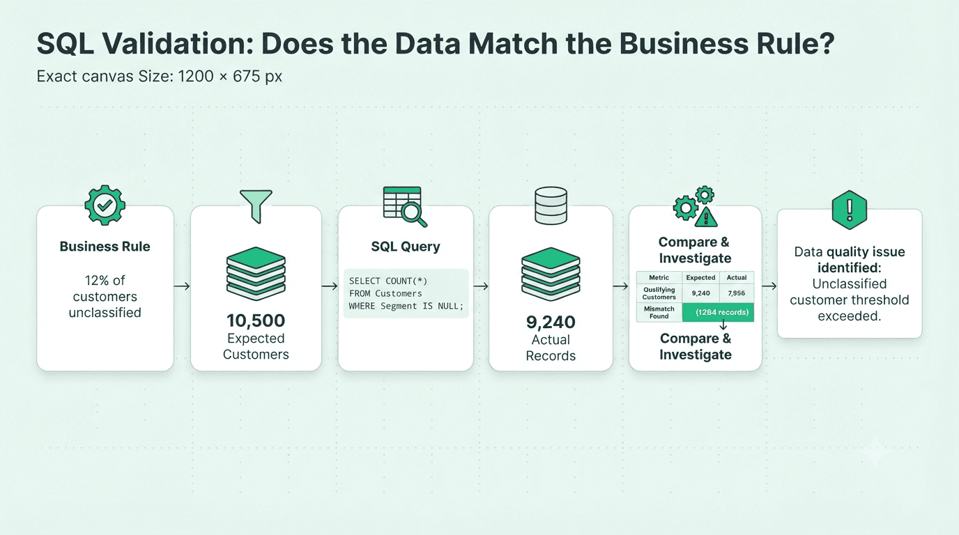 Business analyst SQL validation workflow comparing business rules with actual data.