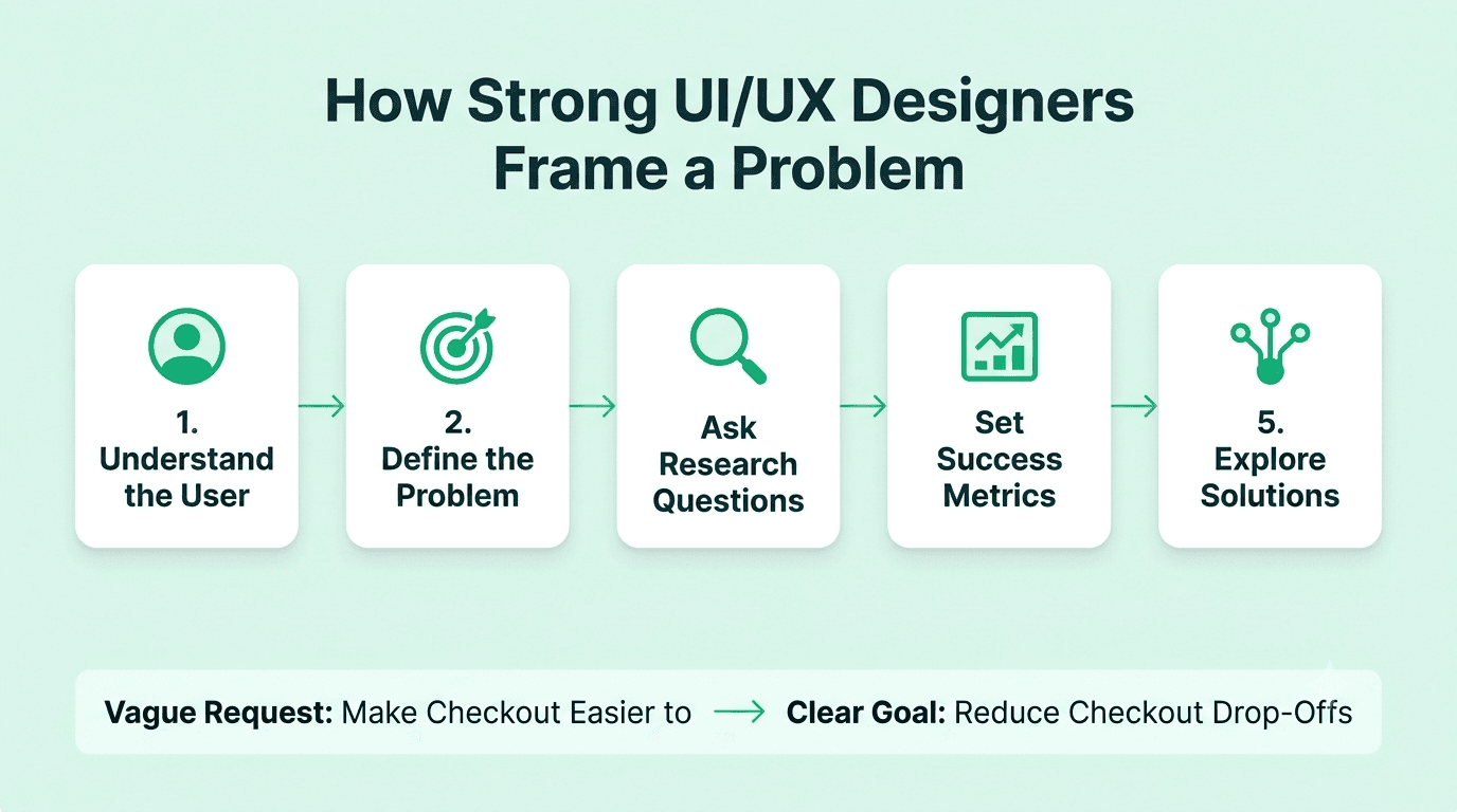 UI/UX problem-solving workflow showing how designers understand users, define problems, ask research questions, set success metrics, and explore solutions.