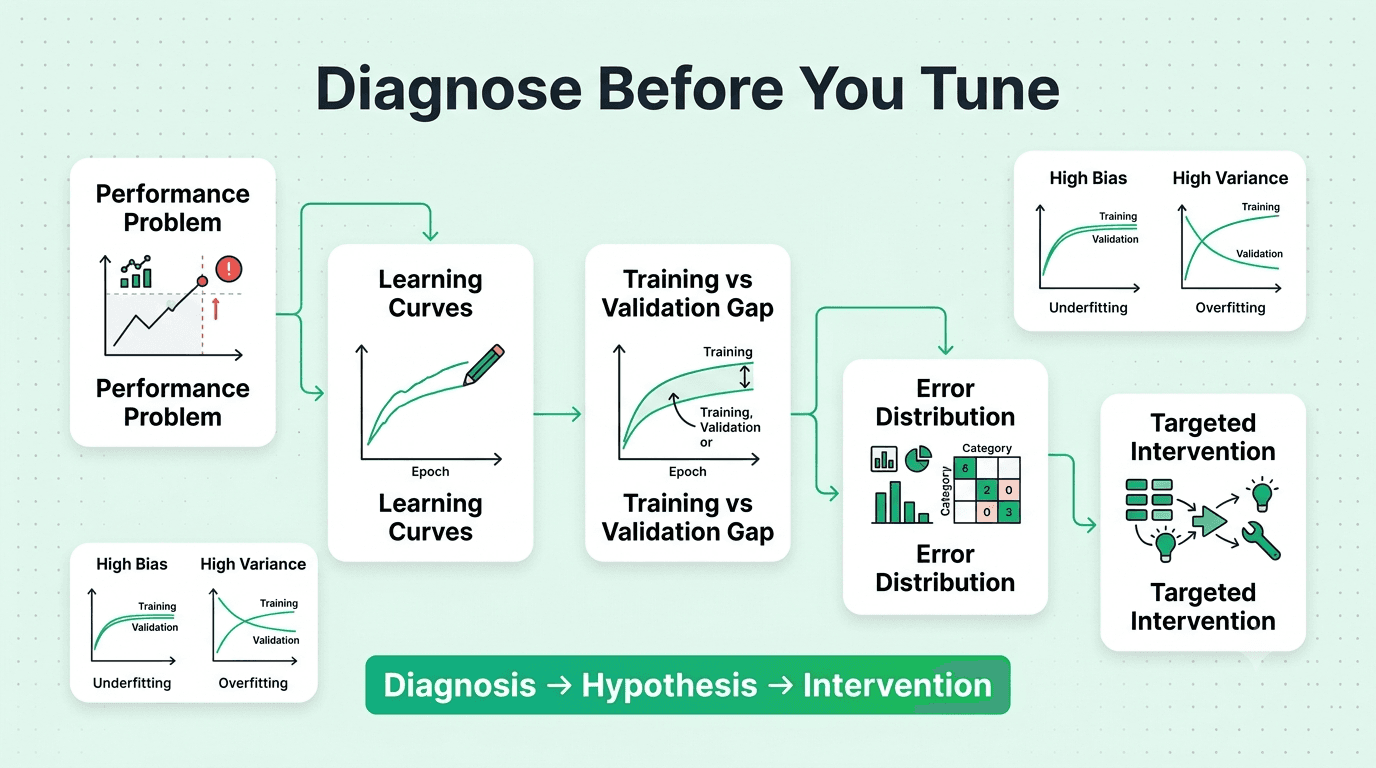 ML interview debugging framework for diagnosing model underperformance before tuning