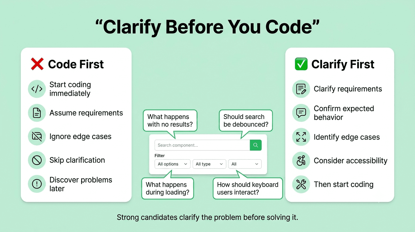 Frontend interview process showing why candidates should clarify requirements before coding